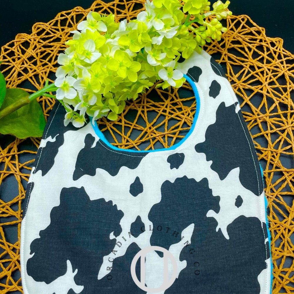 Pink or Blue Cow Print Baby Bib and Burp Cloth Set